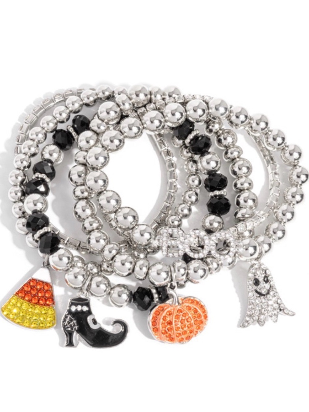 Halloween Charm Stretch Bracelet Set - Silver and Black